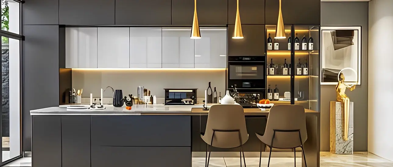 An image showcasing an open-plan kitchen design, with ample space and modern features, reflecting the theme of optimizing efficiency in kitchen layouts.